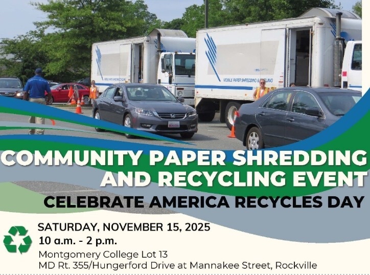 ♻️ Celebrate America Recycles Day with us! <a href="/MyGreenMC/">Montgomery County Dept of Environmental Protection</a> will host a free paper shredding and recycling event on Saturday, Nov. 15, 10 a.m.–2 p.m. at Montgomery College in Rockville. 

Details: ow.ly/fLrE50XniCm