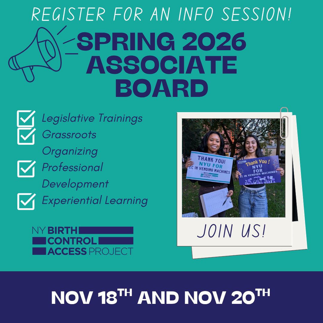 Want to make birth control more accessible in New York State? NYBCAP is looking for passionate students and young people to join our Spring 2026 Associate Board!

Register with link in bio for one of our virtual info sessions on 11/18 and 11/20!

docs.google.com/forms/d/e/1FAI…