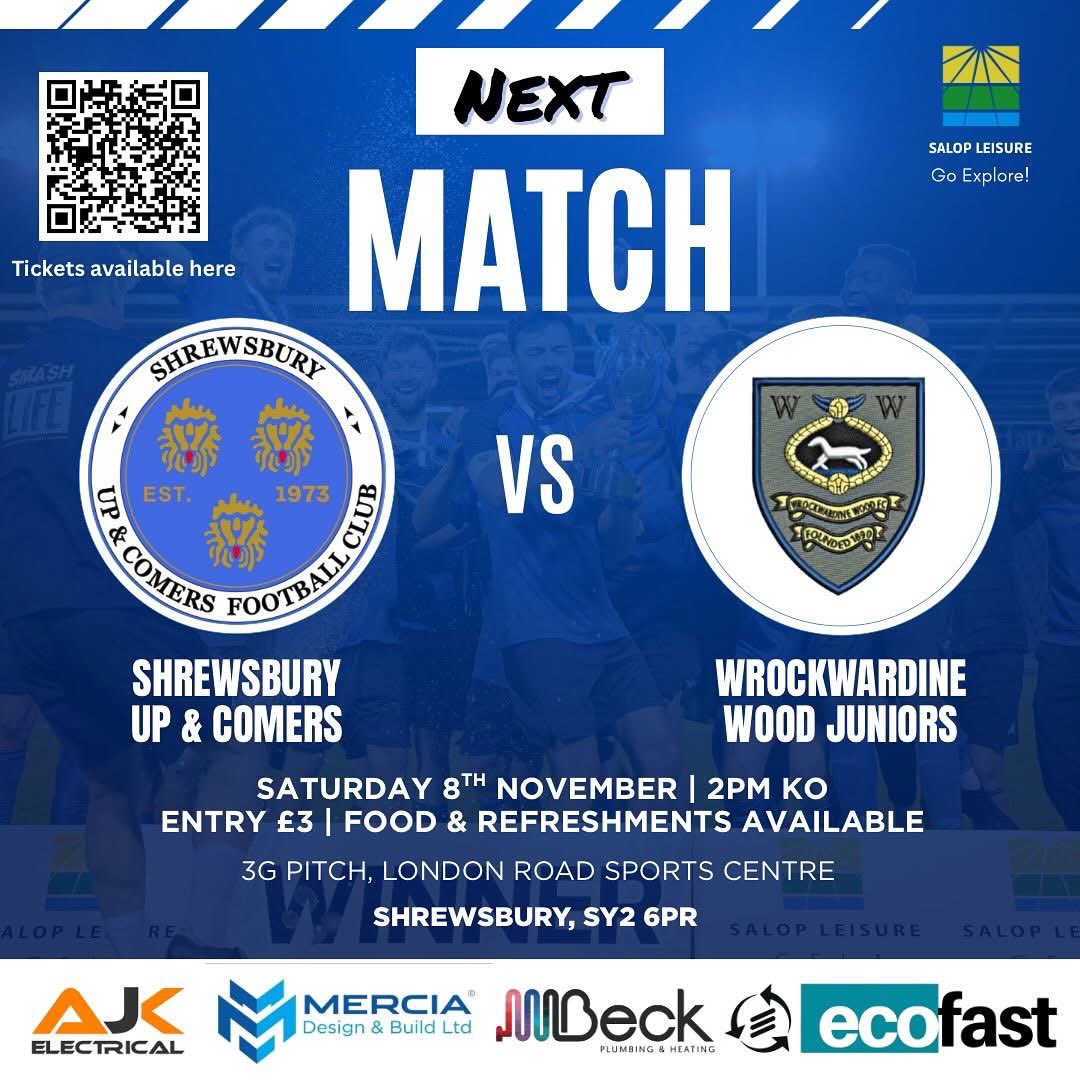 🏟️ Matchday Details
🆚 <a href="/WrockWoodFC/">Wrockwardine Wood FC</a> 
Date: Saturday, 8 November 2025
Kick-Off: 2:00 PM
Pitch: 3G

📍 Venue:
London Road Sports Centre
London Road, Shrewsbury, SY2 6PR

💷 Admission:
Entry is just £3 per person, payable at the gate.
🎟️ Tickets are also available online via the QR