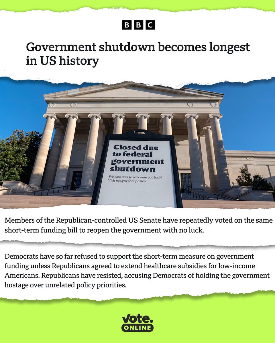 vote's tweet image. 🚨Woah- the Government shutdown has now become the longest shutdown in the history of the U.S….

Read the full article at 👇
bbc.com/news/articles/…