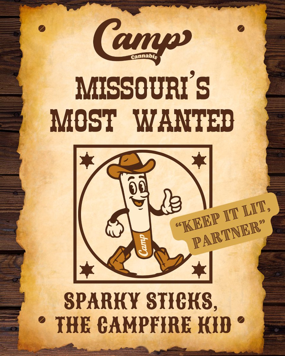 letsgocampbrand's tweet photo. Sparky Sticks, the Campfire Kid. 🔥

One of Missouri’s Most Wanted &amp; the life of every late-night sesh. Lights up any sesh w/ that easy draw &amp; perfect burn. He’s the one you call when the crew’s gathered ‘round.

Think you’ve got what it takes to roll with MO’s Most Wanted? 👀🤠 https://t.co/d7xIAmyOnV