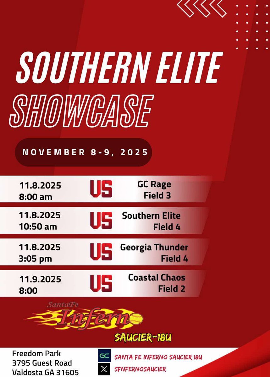 This weekends schedule back at it with <a href="/sfnfernosaucier/">Santa Fe Inferno Saucier</a> Your gonna wanna check us out if your in Georgia this weekend. <a href="/coachrwalker11/">Rick Walker</a> <a href="/joe_pound/">Joe Pound</a> <a href="/purepowerpitch/">''Coach Mike'' Ellison</a>