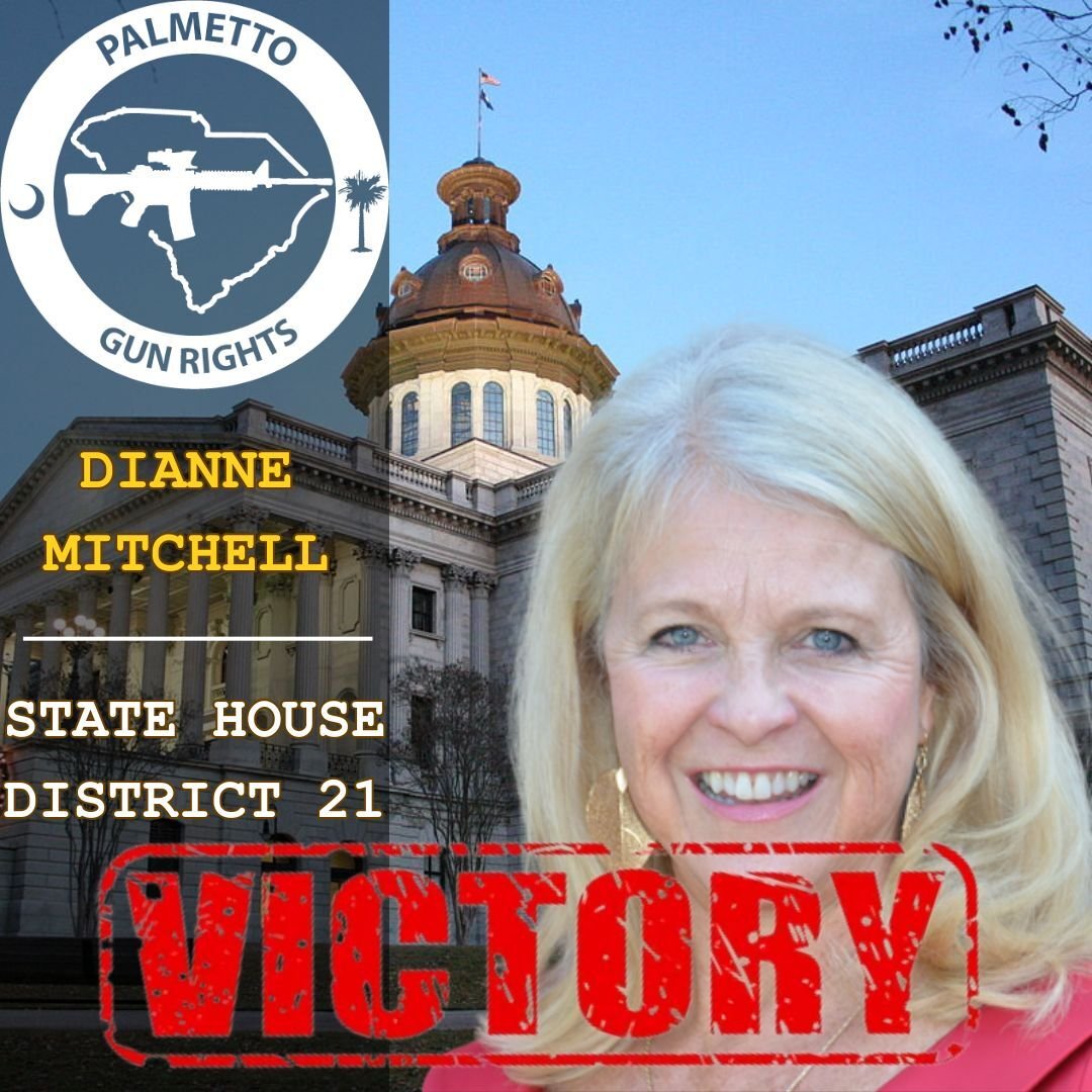 Dianne Mitchell answered her PGR Candidate Survey 100% pro-gun and won big last night in the runoff for South Carolina's HD-21.

A big win for gun owners, sending a pro-gun Representative to Columbia!