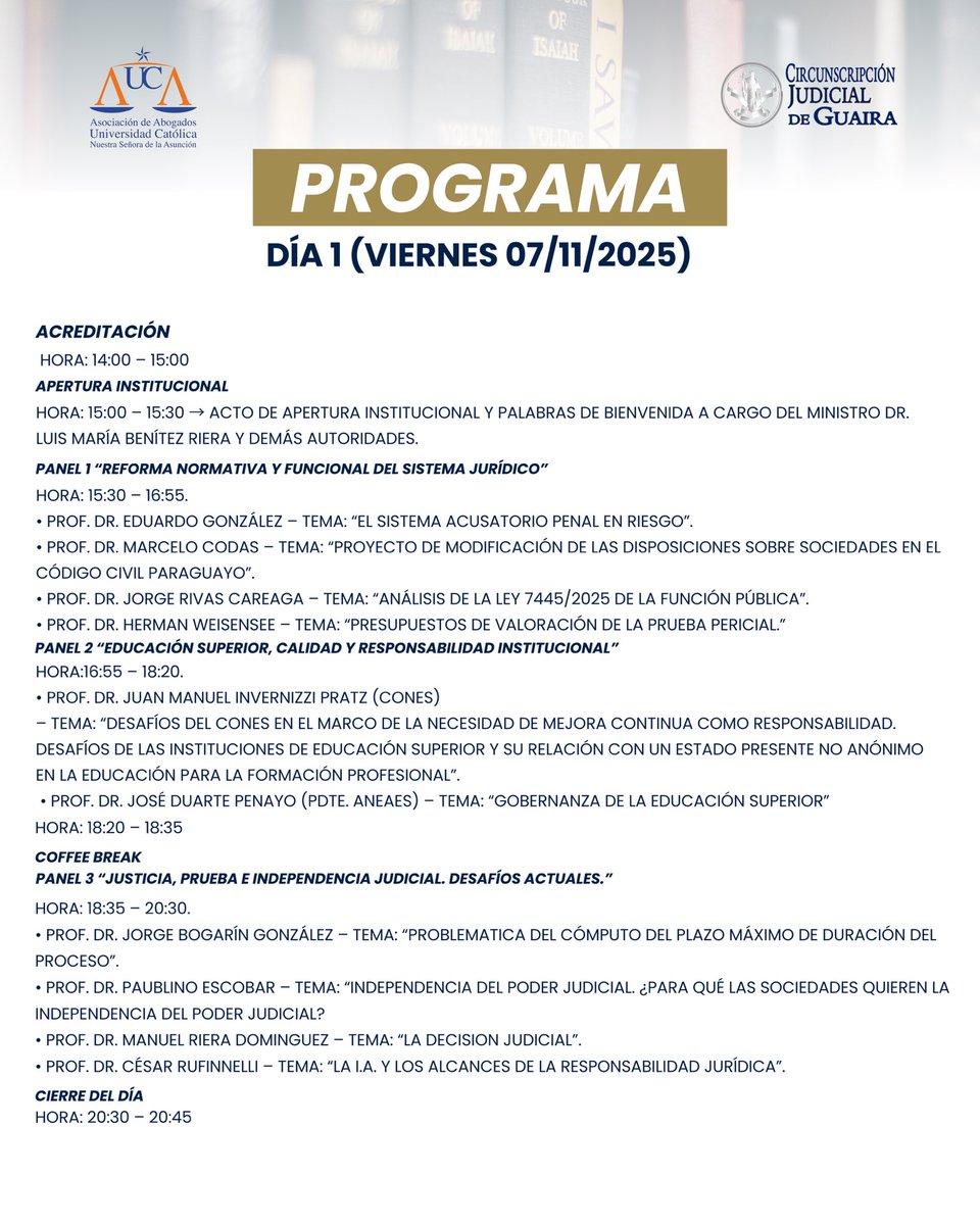 ucabogado's tweet photo. 🎓 ¡Conocé el programa oficial del Congreso Nacional “Volviendo a la Academia”!
2 jornadas con los temas más relevantes del Derecho y disertantes de primer nivel.

🔗 Inscribite aquí: https://t.co/YtivZlakcE

📅 07 y 08 de noviembre – Villarrica

📞 +595 973 479681 https://t.co/JLNJ5PdMY4