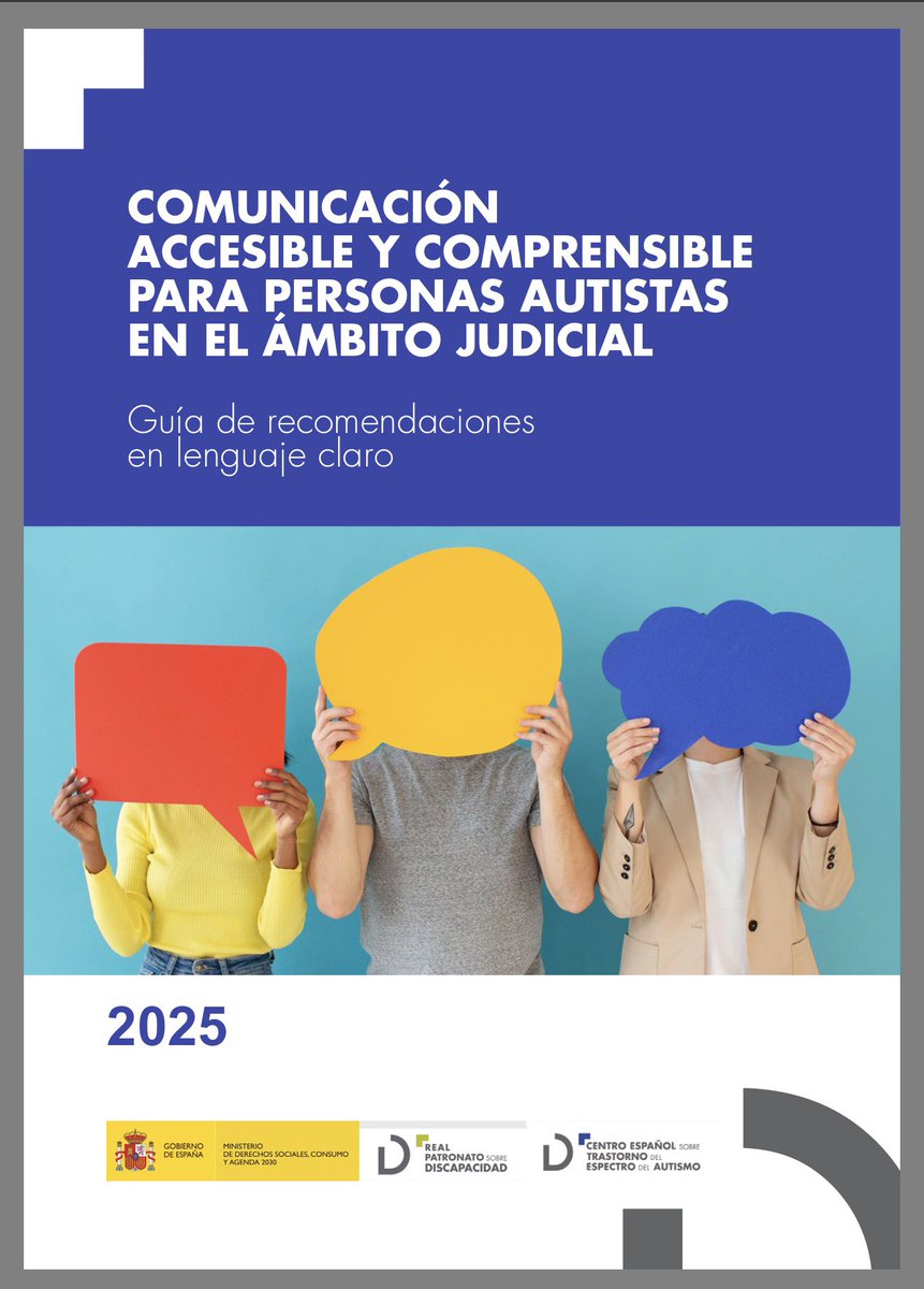 📘 PDF, Guía. Comunicación accesible y comprensible para personas autistas en el ámbito judicial. Guía de recomendaciones en lenguaje claro 🔗 rpdiscapacidad.gob.es/estudios-publi…

⚠️ Esta guía busca mejorar la atención y la comunicación con las personas autistas en el ámbito judicial,