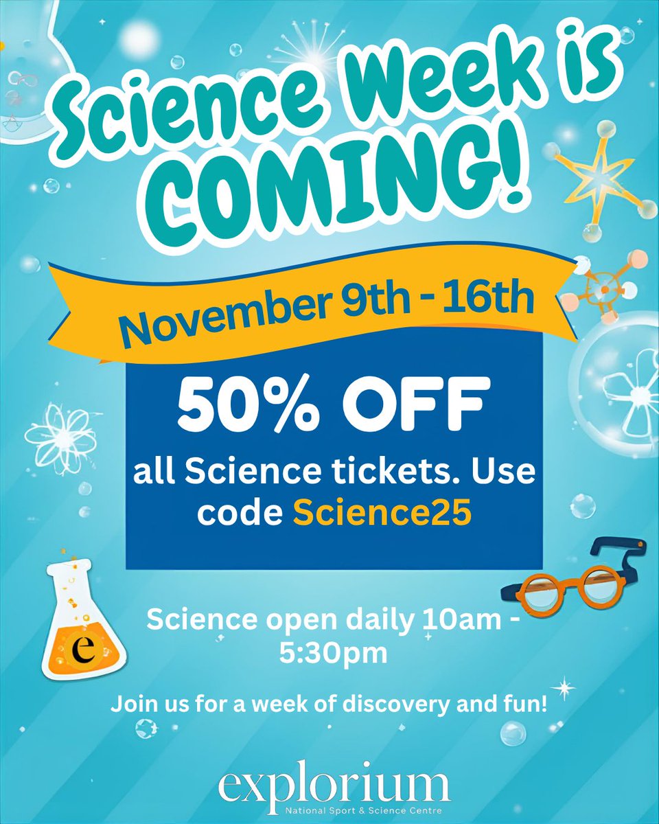 ExploriumI's tweet image. 🔬 Science Week is almost here!
🎟️ Get 50% OFF Science tickets with code Science25
📅 November 9–16

Join us for a week of discovery and fun! 💡
#ScienceWeek2025 #Explorium