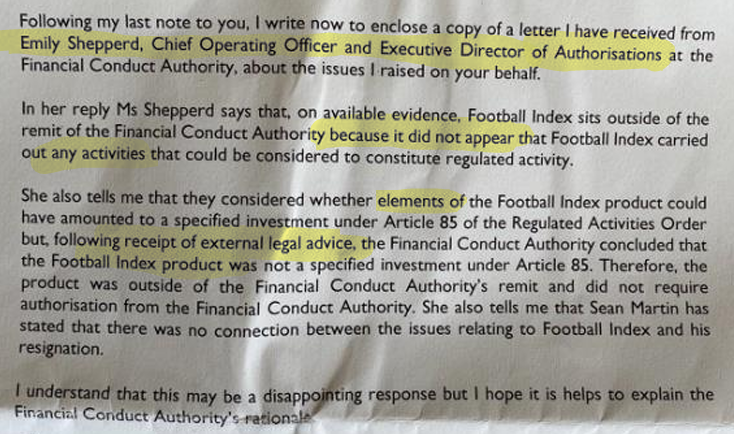 Zidave1's tweet image. Just seen that Emily Shepperd has resigned as @TheFCA COO. Here she is writing to Barbara Keeley MP in 2022 stating that #footballindex was not an Article 85 investment @LucyRigby which I can now prove is a lie. Maybe she signed a settlement agreement like Sean Martin did?