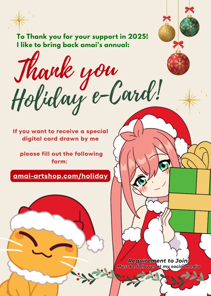 To thank you for your supports this year, 
I like to bring back the "Thank You holiday e-card" again this year! 🎁🎄

If you want to receive a special digital card drawn by me, please fill out the form 🔗 in the comment!

(Must already follow me on social media to enter) ✨