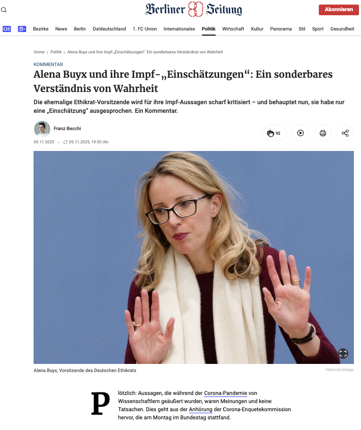 Alena Buyx und ihre Impf-„Einschätzungen“: Ein sonderbares Verständnis von Wahrheit

Die ehemalige Ethikrat-Vorsitzende wird für ihre Impf-Aussagen scharf kritisiert – und behauptet nun, sie habe nur eine „Einschätzung“ ausgesprochen.

"Aussagen, die während der Corona-Pandemie