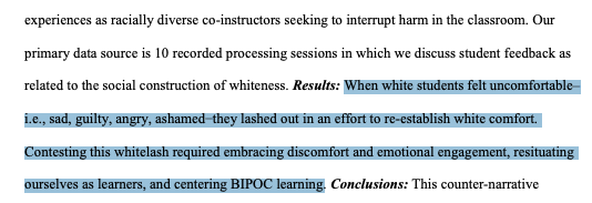 New, from me: 

Two instructors studied the emotions of their white students. They “lashed out” in the classroom to “re-establish white comfort," according to their paper.

Their teaching methods are now the subject of a civil rights complaint. 

Details and story link below…