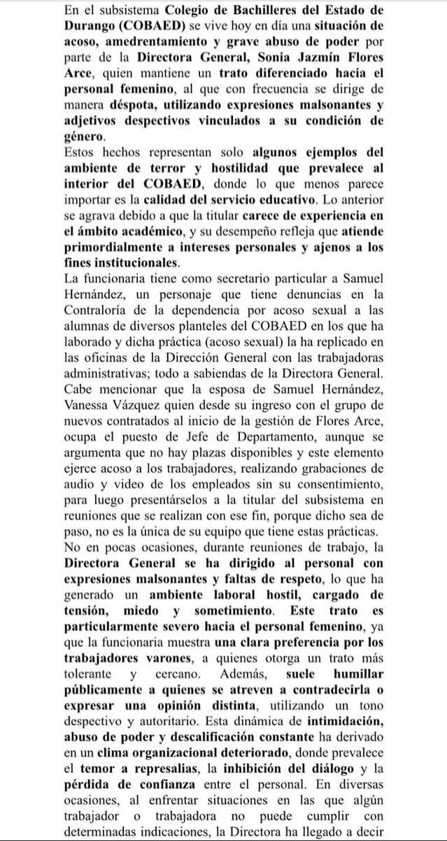fernandomdas's tweet image. #Durango
Trabajadores del @COBAEDoficial que solicitan el anonimato por temor a sufrir represalias laborales, denuncian a la directora de esta institución, @SoniaFloresArc1, por déspota, ejercer hostigamiento laboral, amenazas, abuso de poder y hacer descuentos arbitrarios a las…
