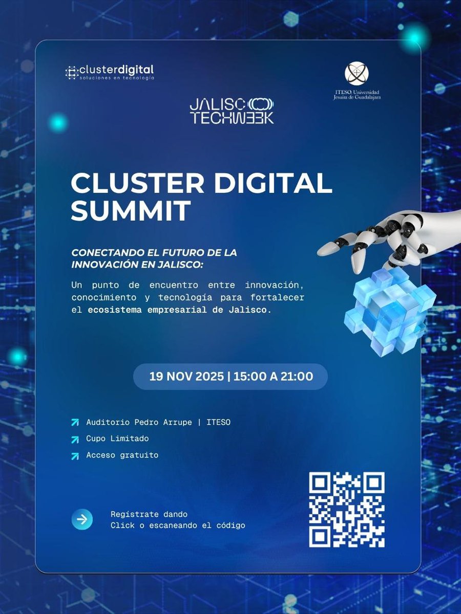 FormasDigitales's tweet image. 🚀 ¡Te invitamos al #JaliscoTechWeek!

📅 19 noviembre | 🕒 3:00 pm
📍 ITESO – Auditorio Pedro Arrupe

Panel, taller creativo y conferencia con Darius Lau 🎤

🔗 Regístrate: luma.com/tcrh303o
¡Nos vemos ahí! ✨

#Innovación #Startups #TechJalisco