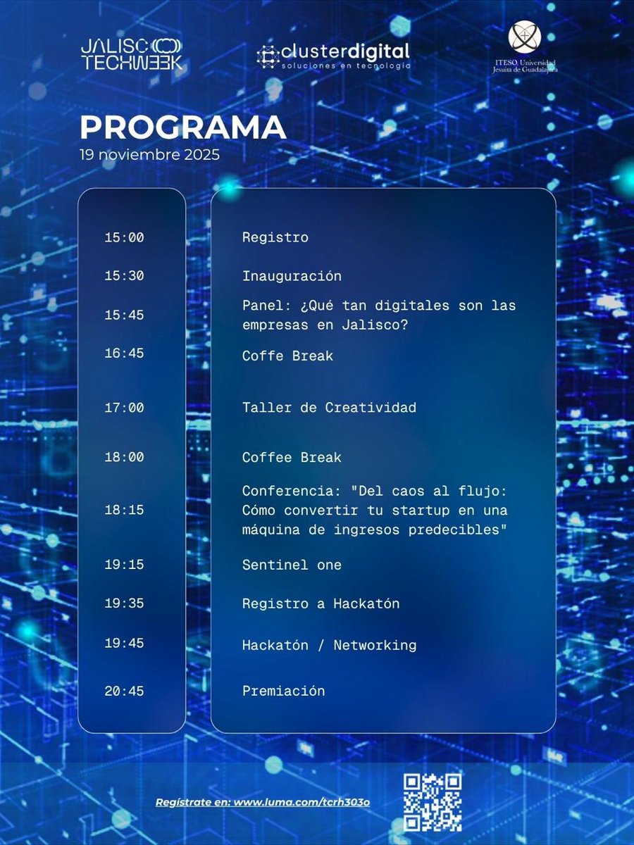 FormasDigitales's tweet image. 🚀 ¡Te invitamos al #JaliscoTechWeek!

📅 19 noviembre | 🕒 3:00 pm
📍 ITESO – Auditorio Pedro Arrupe

Panel, taller creativo y conferencia con Darius Lau 🎤

🔗 Regístrate: luma.com/tcrh303o
¡Nos vemos ahí! ✨

#Innovación #Startups #TechJalisco