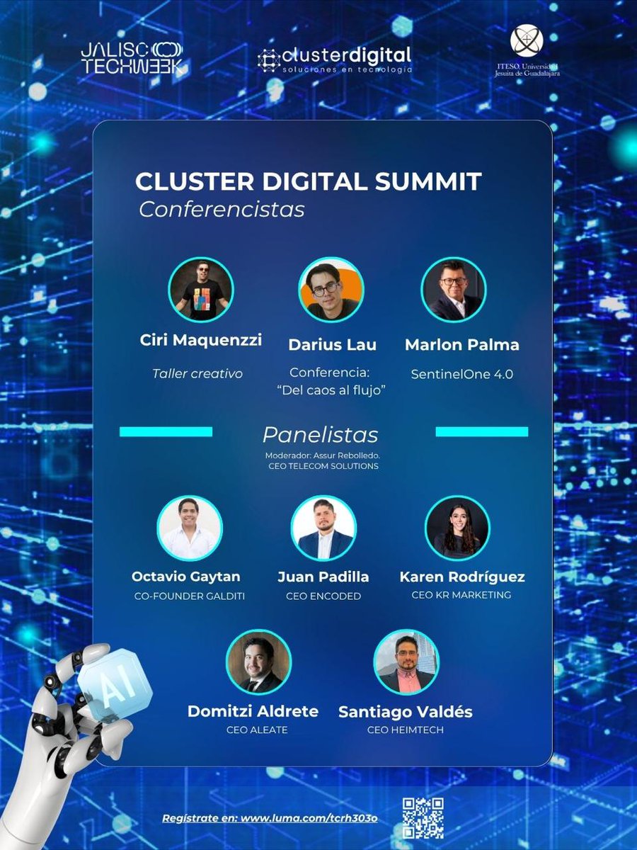 FormasDigitales's tweet image. 🚀 ¡Te invitamos al #JaliscoTechWeek!

📅 19 noviembre | 🕒 3:00 pm
📍 ITESO – Auditorio Pedro Arrupe

Panel, taller creativo y conferencia con Darius Lau 🎤

🔗 Regístrate: luma.com/tcrh303o
¡Nos vemos ahí! ✨

#Innovación #Startups #TechJalisco