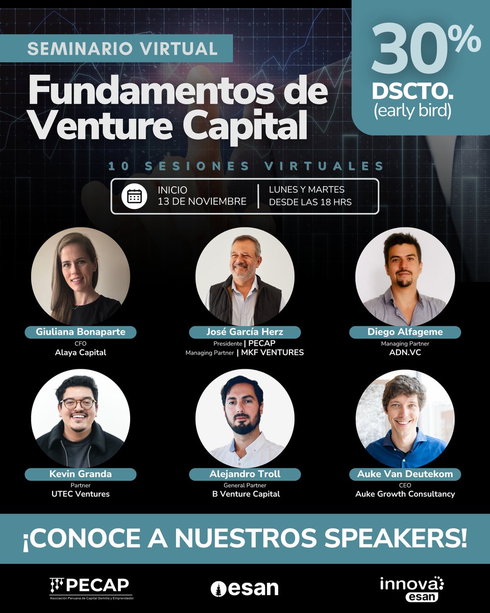 🚀Aprende de los expertos que impulsan el crecimiento del VC en Latam
Conoce a los speakers del Seminario Fundamentos de VC y aprende cómo identificar, invertir y acompañar startups con alto potencial.
📅Inicio: 13/11
Early Bird: 30% OFF hasta el 07/11
🌐innova.esan.edu.pe/aprende-con-no…