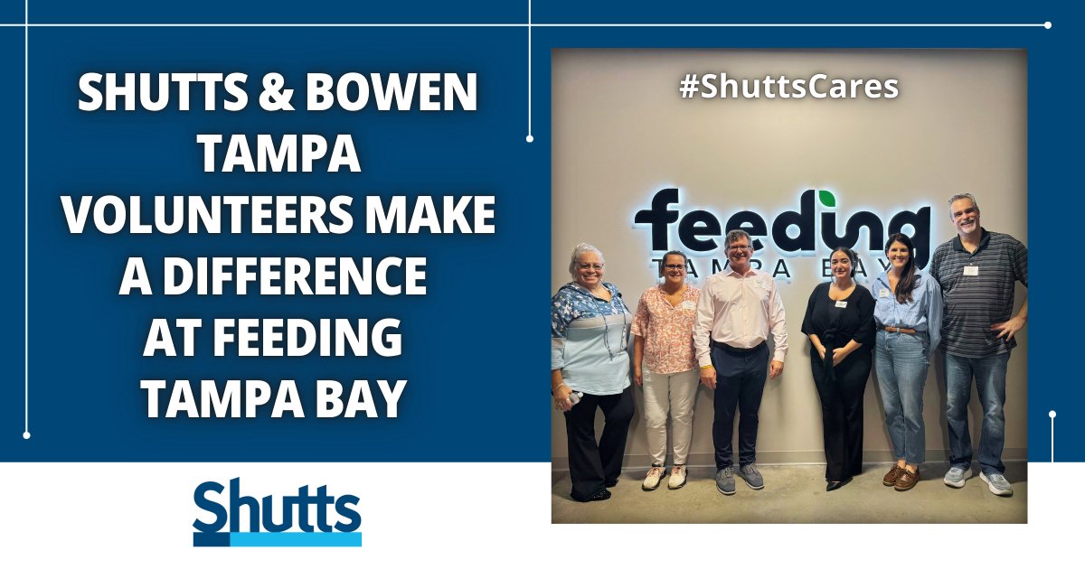Shutts' Tampa office was proud to once again join <a href="/FeedingTampaBay/">Feeding Tampa Bay</a> for a community service event on October 29, 2025, at the organization’s Publix Community Market, a one-of-a-kind grocery store located within Feeding Tampa Bay’s state-of-the-art facility.
shutts.com/news-Shutts-Ta…