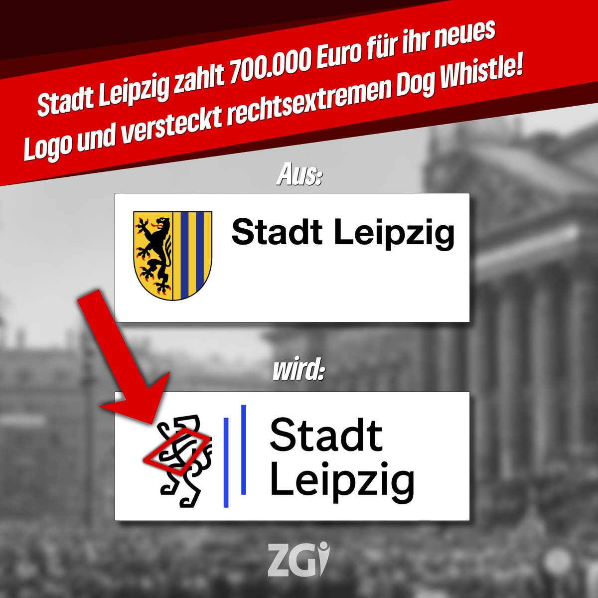 Immer wieder Ostdeutschland: Die Stadt #Leipzig änderte für 700.000 Euro ihr Logo. Unverkennbar: In der neuen Löw:in, dem Wappentier der einwohner:innenreichsten Stadt Sachsens, verbirgt sich ein hakenkreuzähnliches Element. Wurde nichts aus der Geschichte gelernt?