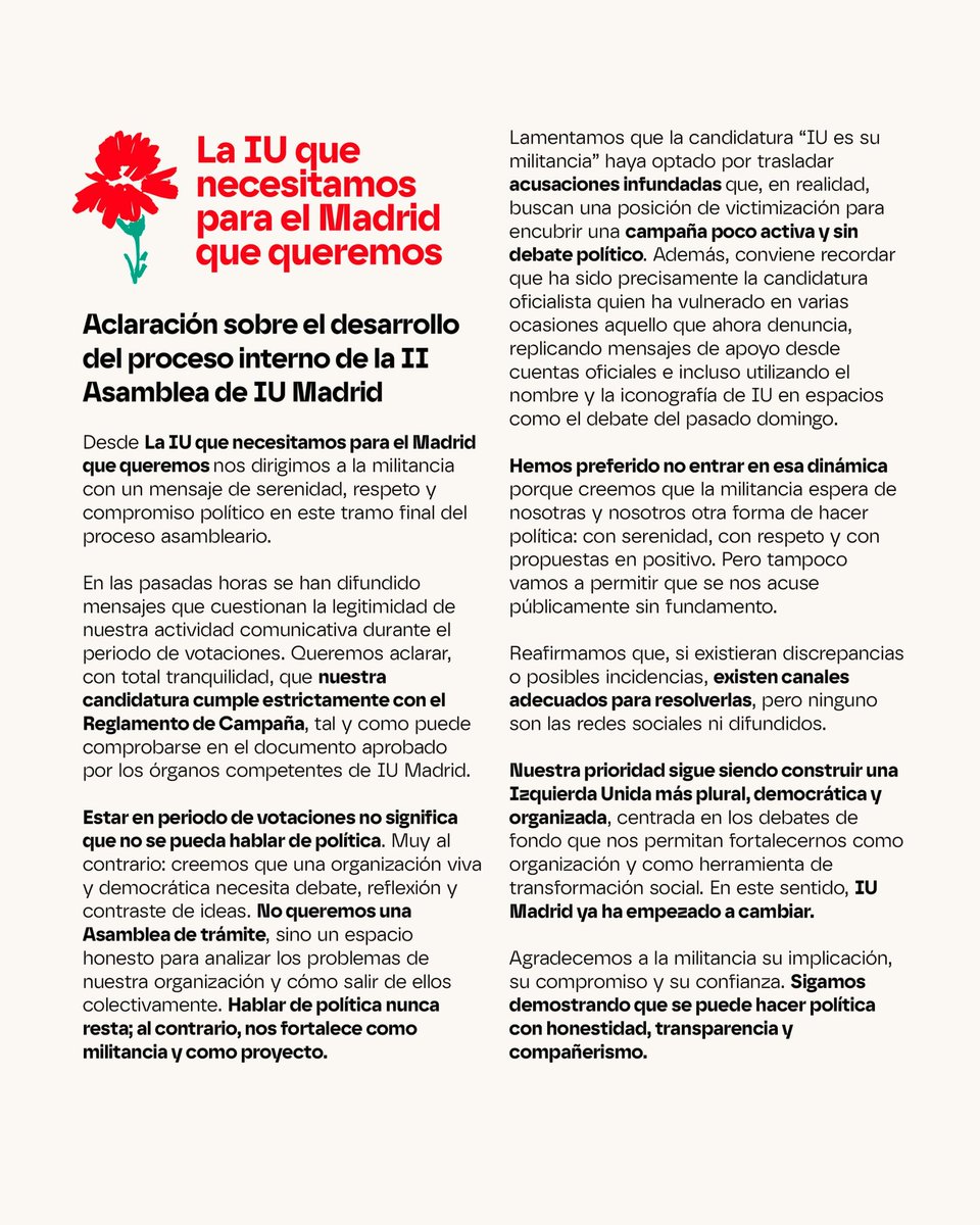 Quienes creemos en la necesidad de la democracia interna vamos a seguir hablando de política.

📝 Como siempre se hizo y permite el Reglamento, también durante las votaciones.

No queremos una Asamblea de trámite, sino un espacio honesto para debatir y salir con una IU reforzada.