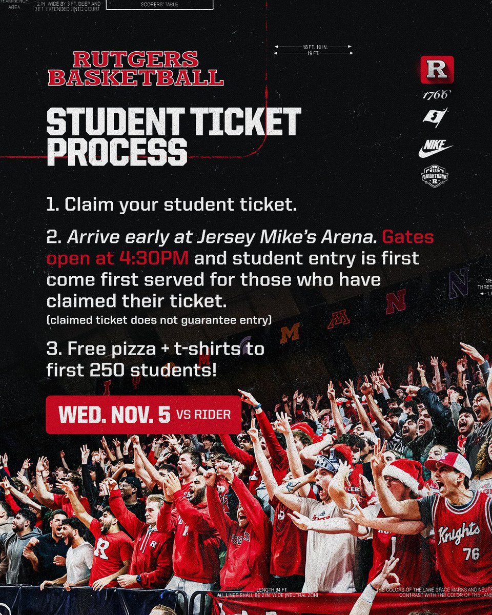 🚨RUTGERS STUDENTS🚨

Basketball is back TONIGHT at Jersey Mikes Arena 🏀

1️⃣ Claim your student ticket
2️⃣ Arrive early - gates open 4:30PM
3️⃣ Free Pizza + T-Shirts to first 250 students

See you soon‼️
