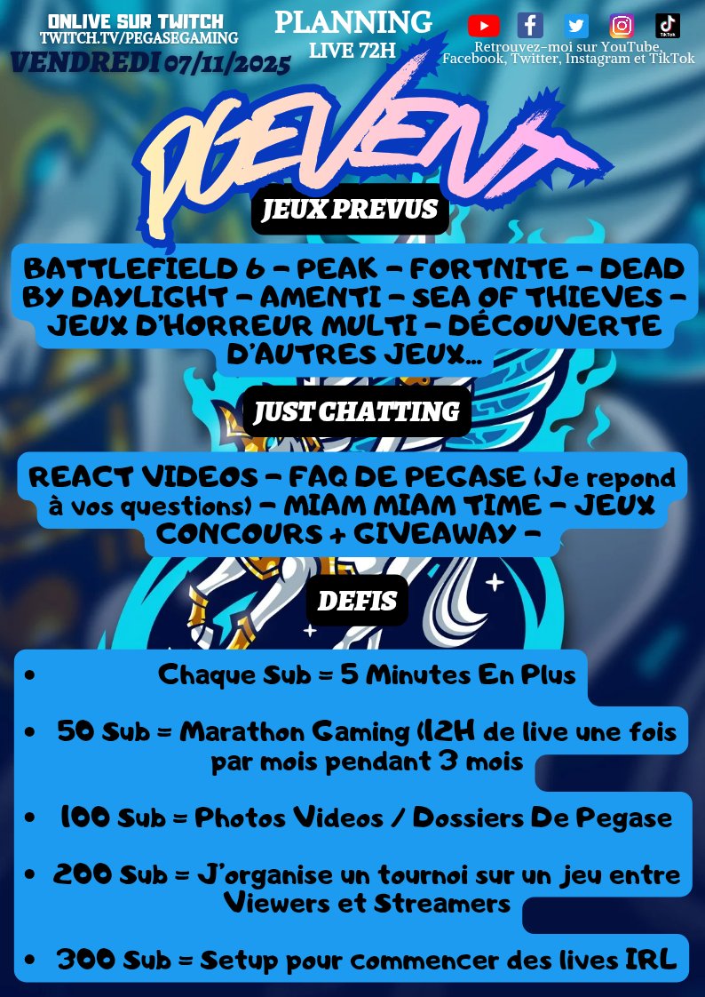 MES CHEVALIERS DU COSMOS
Le moment est arrivé... Ce week-end, on part pour 72h de pure PUISSANCE en live ! Le tout premier #PGEVENT débarque ce vendredi 7 nov sur Twitch ! Jeux, défis, fous rires et légendes à forger
Soyez là et partagez la puissance #twitch #EVENT #Livestream