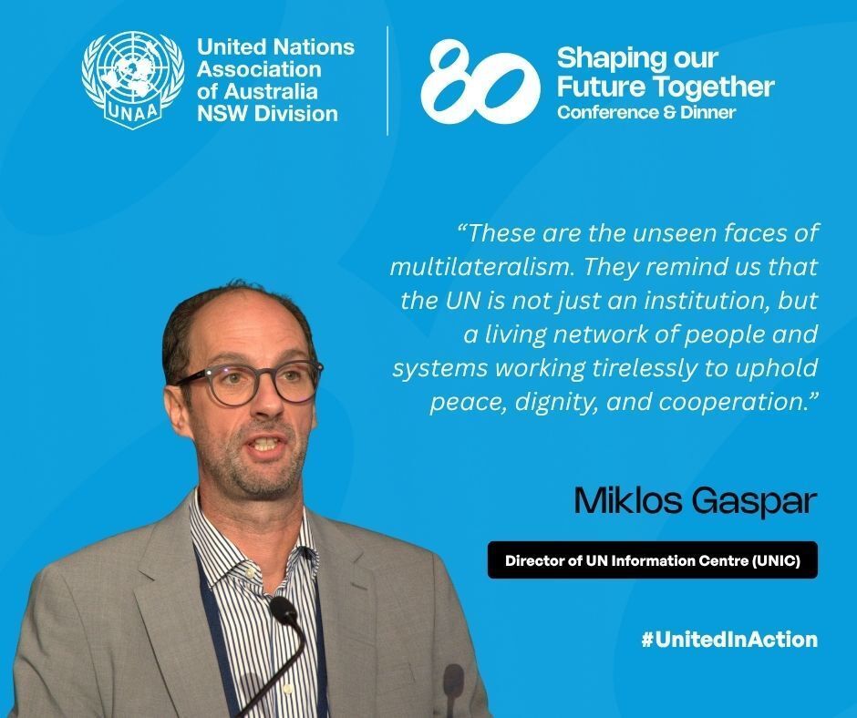 unaansw's tweet photo. UN at 80: Shaping Our Future Together conference, Miklos Gaspar from UN
Information Centre, UN’s enduring relevance in an age of uncertainty – that cooperation, dialogue, and shared responsibility remain humanity’s best tools for peace and progress.
#UN80 #UNAA #PeaceAndSecurity https://t.co/COHWMiHK1e