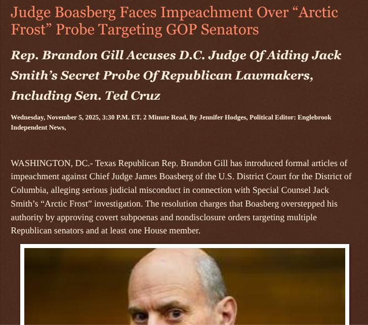 ArtFletcher9's tweet photo. Judge Boasberg Faces Impeachment Over “Arctic Frost” Probe Targeting GOP Senators https://t.co/zi9ri3HqRx via @Englebrooknews #WashingtonDC #articles #impeachment #USDistrict #courtjudge #jamesboasberg #arcticfrost #jacksmith #republicans #democrats @wireless_step @HRG_Media @LodiNJNews @fordmb1 @SarahGeving1 @Shannon96574094 @Daytobehappy @janninereid1 @MichelleF_35 @gator4kb18 @TrumpWasRite @KathyKbrose @RobGerundo @JimBobW49