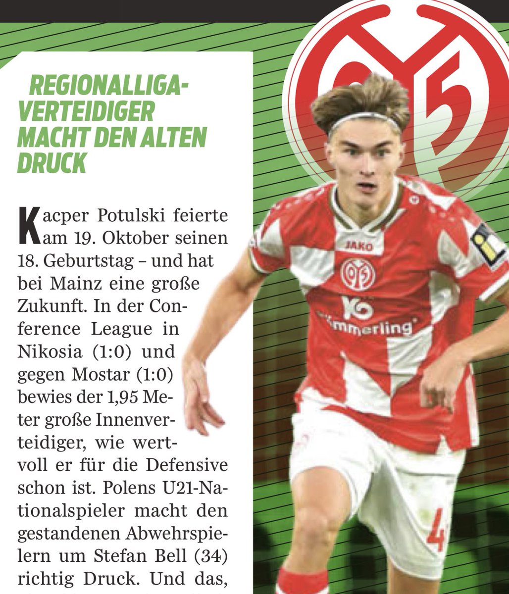 Wiele wskazuje na to, że w czwartek 18-letni Kacper Potulski znowu zagra w pierwszym składzie FSV Mainz i to przeciwko Fiorentinie, gdzie w ataku mogą wystąpić  Edin Džeko, czy Moise Kean 💪 Tygodnik <a href="/SPORTBILD/">SPORT BILD</a> uznał właśnie, że młody Polak jest największym wygranym w Moguncji,