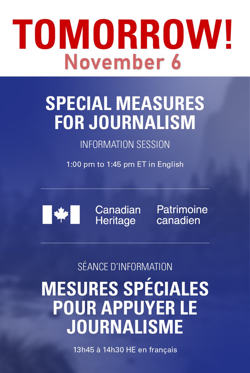 Attention #magazinepublishers !
REGISTER TODAY FOR THE SPECIAL MEASURES FOR JOURNALISM INFORMATION SESSION tomorrow, NOV 6, 2025, online.
tinyurl.com/ynbdnsyj
10-10:45 a.m. PT / 11-11:45 a.m. MT in English
13:45-14:30 HE in French
<a href="/CdnHeritage/">Canadian Heritage</a> #FundingAvailable