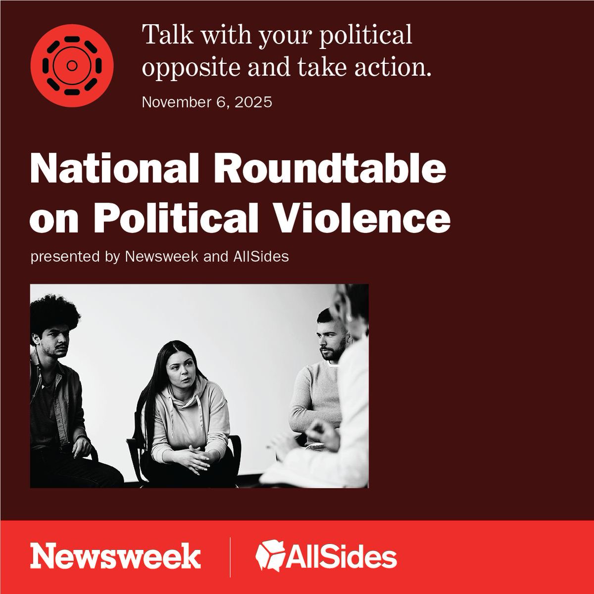 TeamDemocracy's tweet photo. Our democracy depends on courage over chaos.
We’re proud to see @Newsweek and @AllSides hosting the National Roundtable on Political Violence — bringing Americans together for real dialogue and action against political violence.

At the Principles for Trusted Elections, we share this commitment to nonviolence and civic trust. A healthy democracy begins with peaceful participation, honest process, and respect across differences.

🗓️ Join the conversation on Nov. 6 and be part of the movement for peace and integrity in public life.
@LivingRoomConvo 

#TrustedElections #NationalRoundTable