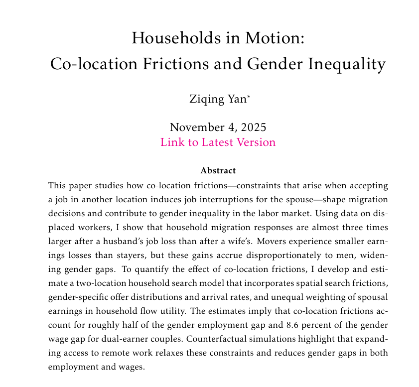 mattkahn1966's tweet photo. I am impressed with the new cohort of job market candidates in economics. Ziqing's paper builds on our old power couples paper along several dimensions.  
https://t.co/mmYucR6Yt7 https://t.co/7mUzAhqUPP