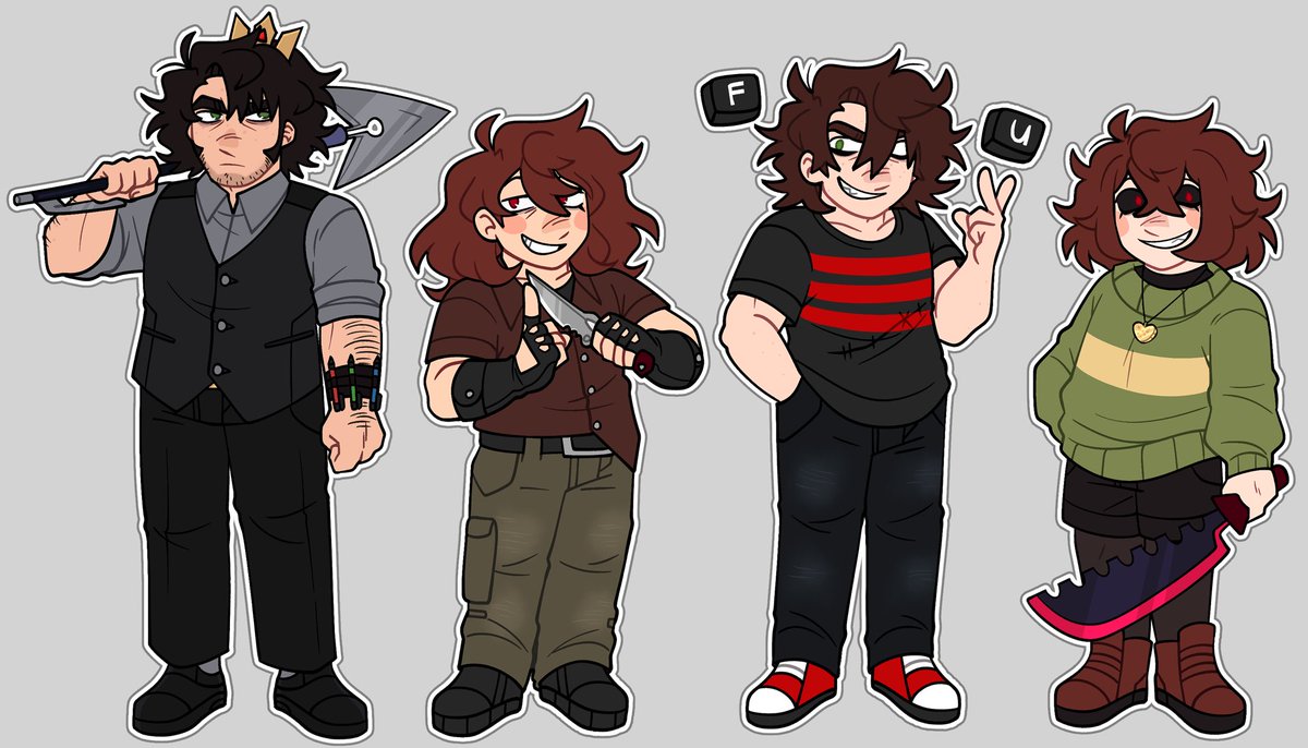 treesters_'s tweet photo. Okay! I’m back. :D Some AU versions of Cter and Chara...And fusions.
In order: Future!Cter, Future!Chara, Hacker, Demon, Character (Chara + Cter) and Character (Demon + Hacker).
| #undertaleau #doubletale https://t.co/QA39vW7Rye