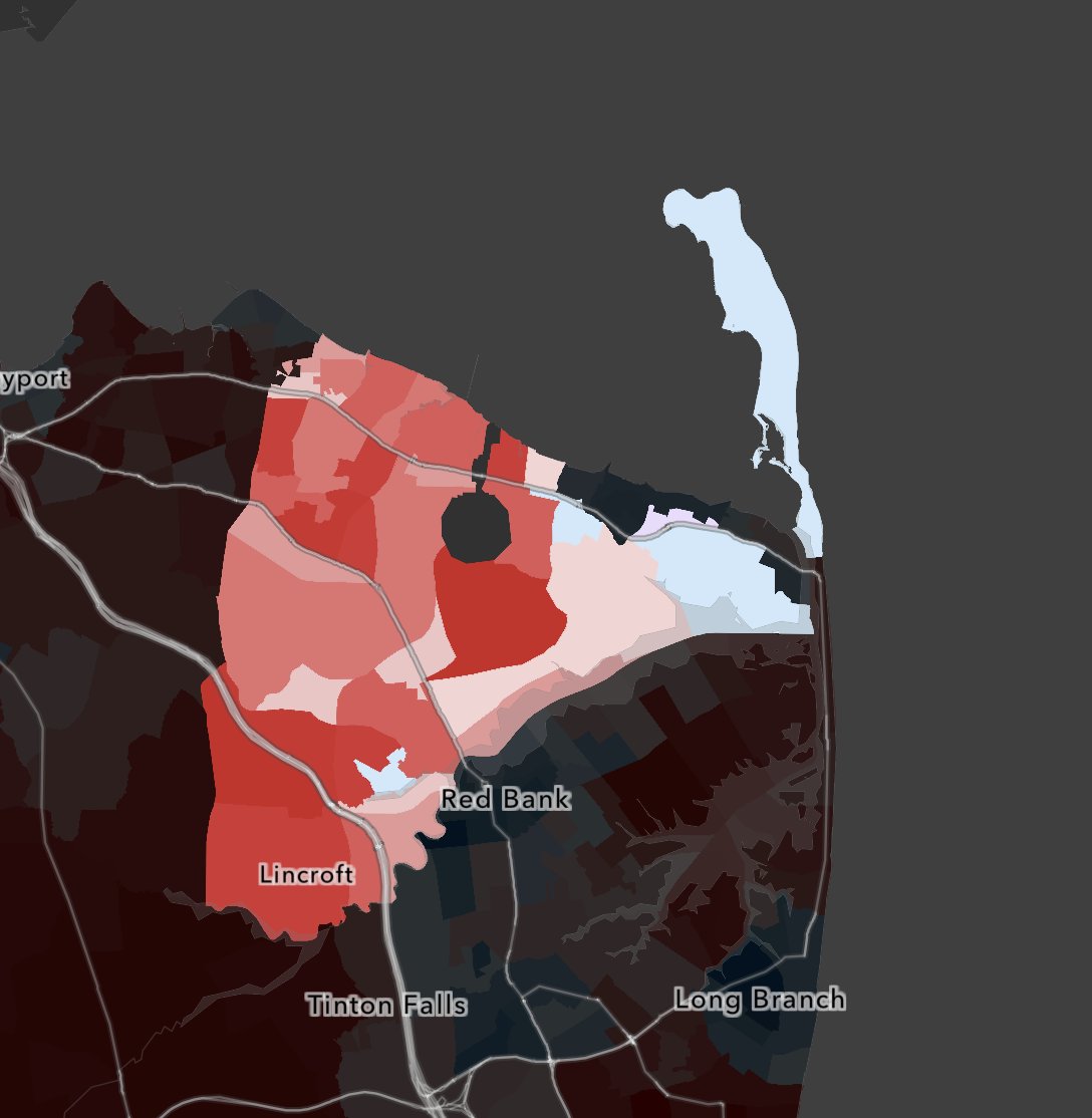 Middletown Township, Monmouth County
Phil Murphy's hometown
86.9% White
49.9% bach degree or higher
1,639 ppl/mi2

2016: Trump +23.2
2017: Guadagno +21.2
2020: Trump +12.8
2021: Ciattarelli +28.4
2024: Trump +20.0
2025: Ciattarelli +18.0
