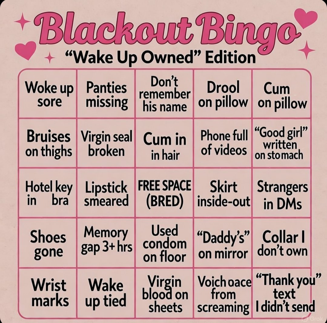 Nossireg's tweet photo. Play blackout bingo with me.
First to fill my card wins a creampie.
#rapekink #cnc #nonconsent #virgin #rapethreats https://t.co/O9xmgFSoEm