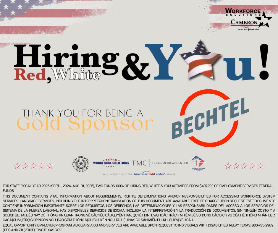 WFSCameron's tweet photo. A heartfelt thank you to @Bechtel for being our Gold Sponsor and supporting this year’s Hiring Red, White &amp; You! Job Fair.

Register here: https://t.co/zxYqfv3b9w https://t.co/f47akn9p5X