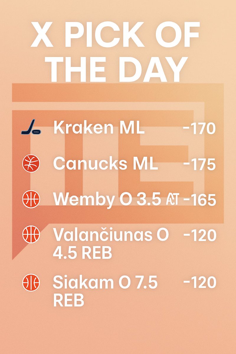 AiEdgePicks's tweet photo. Pick of the Day (11/5)
โข
๐ Kraken ML | ๐ Canucks ML | ๐ Wemby O 3.5 AST | ๐ JV O 4.5 REB | ๐ Siakam O 7.5 REB
โข
Model-backed. Data-driven.
โข
Agree with the โค๏ธ
Bet it with the ๐
โข
Post your locks below ๐
โข
#TrentTalks #Parlay #SportsBetting #TTAB https://t.co/zFbqxk6Gyv