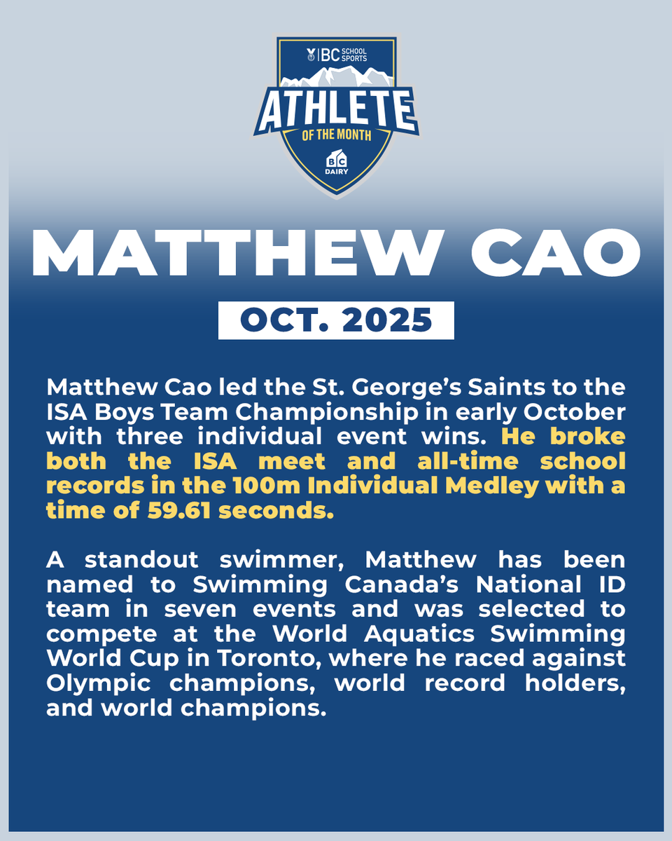 BCSchoolSports's tweet photo. Congratulations to our October 2025 Athlete of the Month Presented by @BCMilk, Matthew Cao from St. George's!

#BCSSAthleteOfTheMonth https://t.co/JnL9WKk4bN