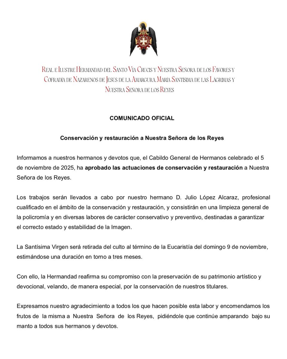 #OFICIAL | Conservación y restauración a Nuestra Señora de los Reyes.

Informamos que, el Cabildo General de Hermanos celebrado el 5 de noviembre de 2025, ha aprobado por unanimidad la intervención de conservación y restauración de Nuestra Señora de los Reyes.

#viacrucisgranada