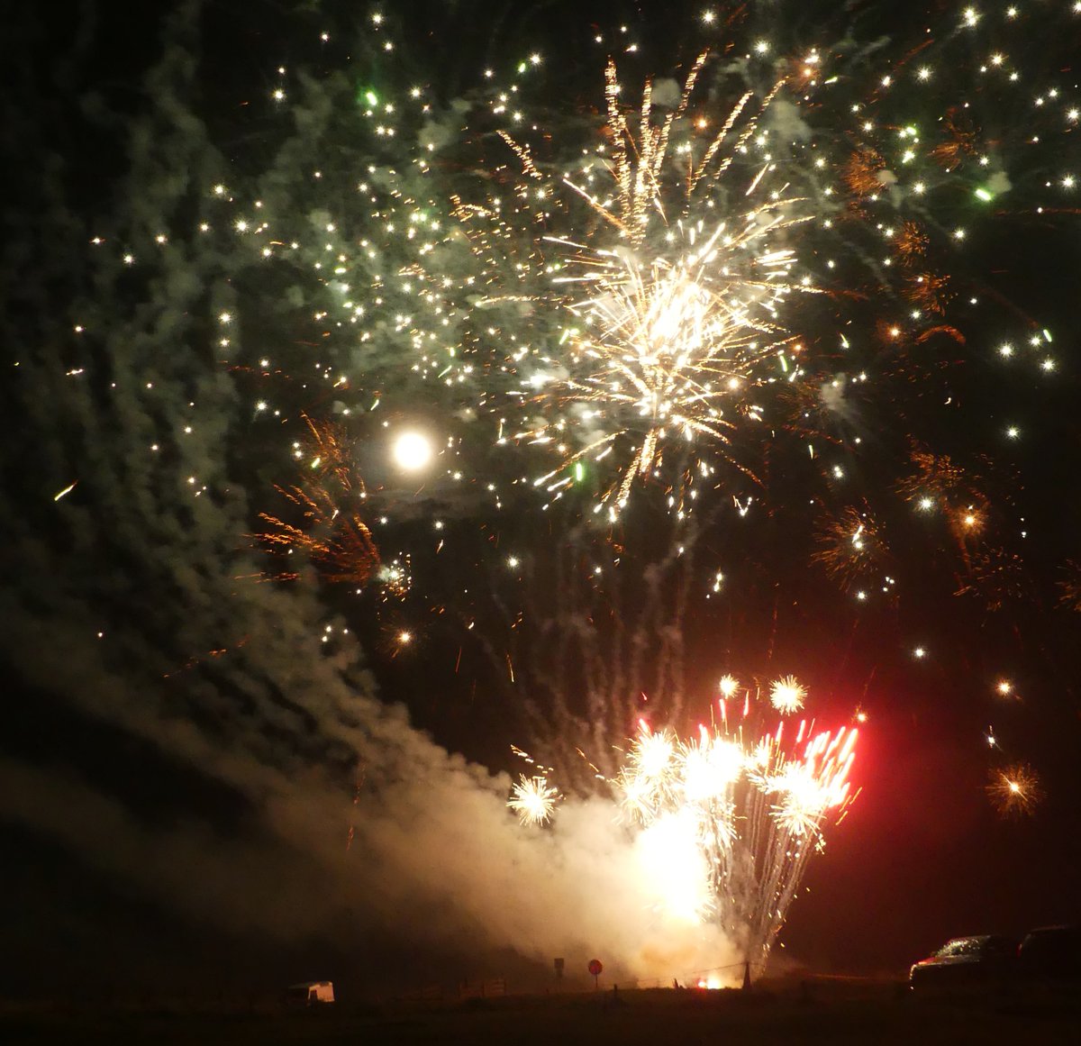 Fireworks and the moon at Alnmouth tonight