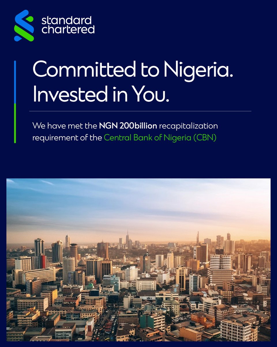 StanChartNG's tweet image. Strong foundations build lasting futures.

Standard Chartered Bank Nigeria Limited has met the ₦200 billion CBN recapitalization requirement ahead of schedule, reaffirming our unwavering belief in Nigeria’s growth story and in you.

#StanChartNG #SC