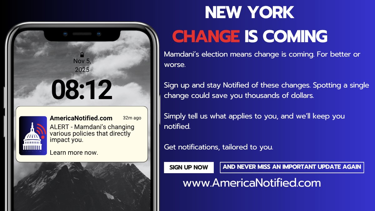 AmericaNotified's tweet image. Zohran Mandani's election means change is coming to New York. Whether you agree with his policies or not, get notified at AmericaNotified.com.

Sign up for our launch at .

#taxes #mamdani #newyork #getnotified #americanotified