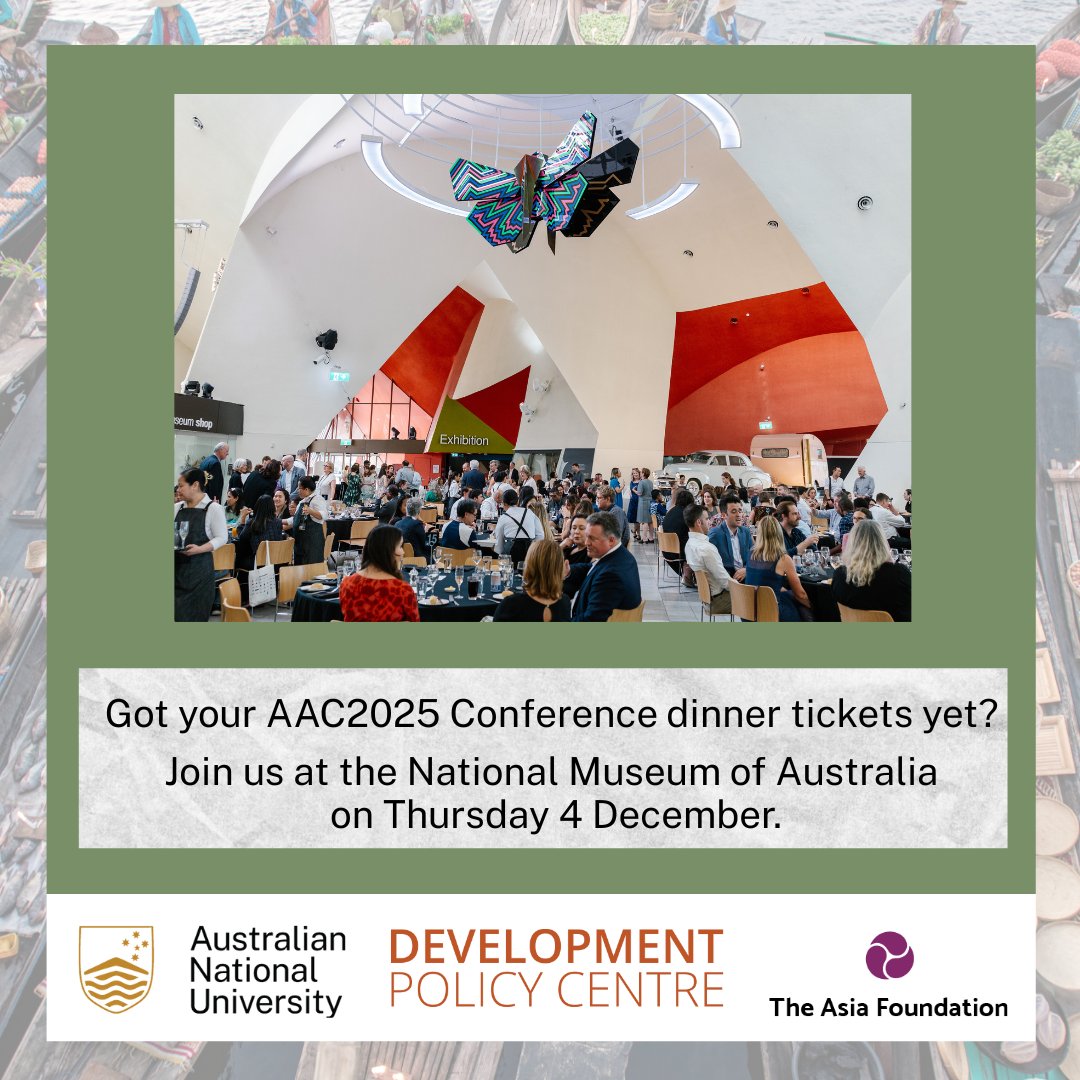 🎟️ Buy your 2025 Australasian AID Conference dinner tickets now!

Join other conference attendees, bring your colleagues and join us for dinner at the National Museum of Australia on Thursday 4 December.

Hear <a href="/Helen_A_Durham/">Dr Helen Durham AO</a>, CEO of <a href="/RedRAustralia/">RedR Australia</a>.
 
events.devpolicy.org/20251203