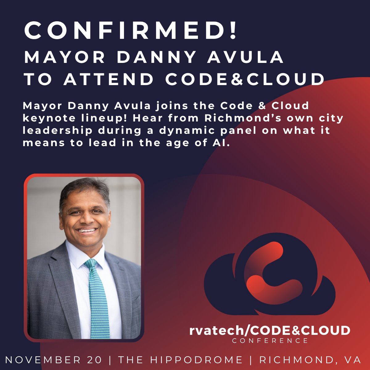Richmond Mayor Danny Avula joins top tech leaders from Capital One, UNOS, and Kinsale Insurance for a keynote panel on leading in the age of AI.

Hear how innovation and civic impact come together at Code &amp; Cloud, Nov 20 at The Hippodrome. Tickets: rvatech.com/rvatech-events…