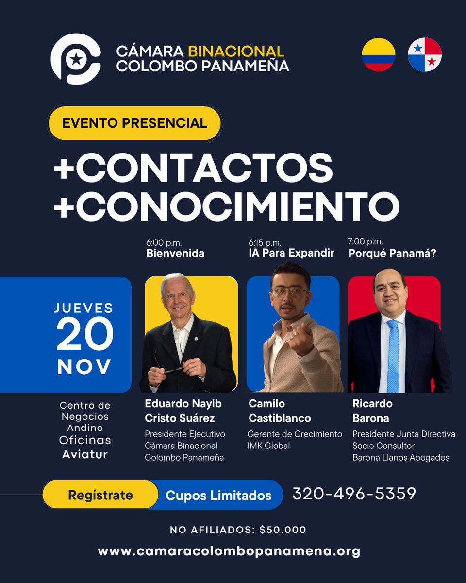 CamaraColPanama's tweet photo. ¿Buscas nuevos contactos para impulsar tu negocio? 

Únete este 20 de noviembre en el Centro de Negocios Andino y conecta con empresarios, aliados estratégicos y expertos que compartirán conocimiento clave.
🔗 Inscríbete ahora y asegura tu cupo.
https://t.co/YImonZm0xH https://t.co/Mb40AJ2yHR