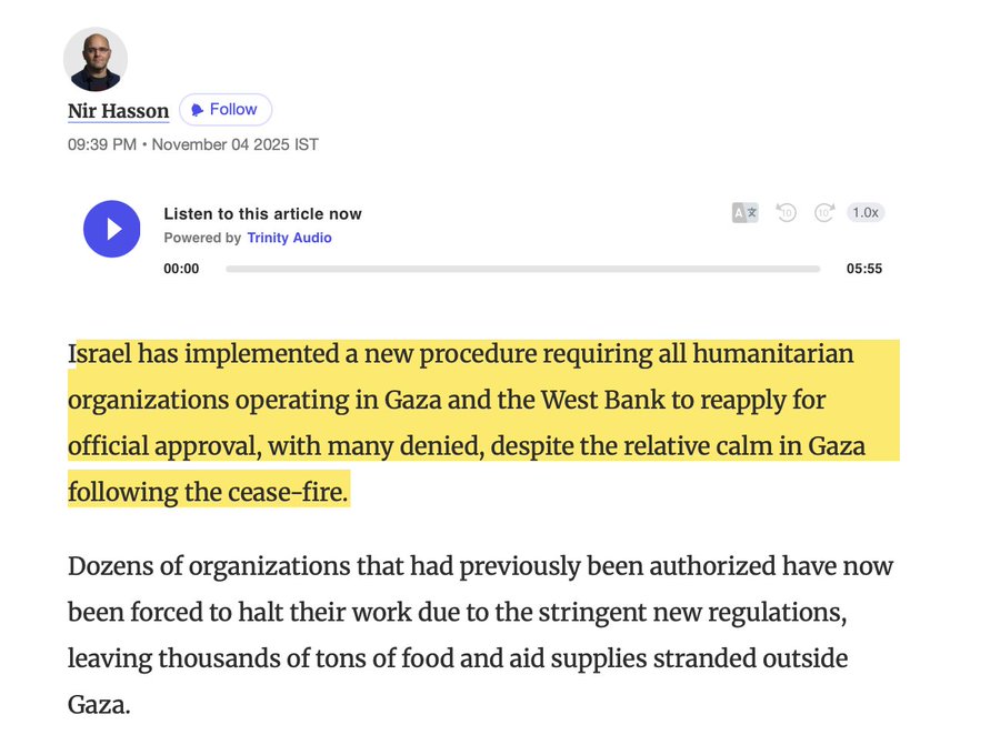 Screenshot of Al Jazeera article titled Under the Guise of Bureaucracy Israel Blocks Humanitarian Groups from Delivering Essential Aid with text describing new registration guidelines introduced by Israel Diaspora Affairs Ministry preventing many international NGOs from entering Gaza including aid trucks stranded in neighboring countries and images of crowded displacement camps with tents people and metal structures in a desert area.