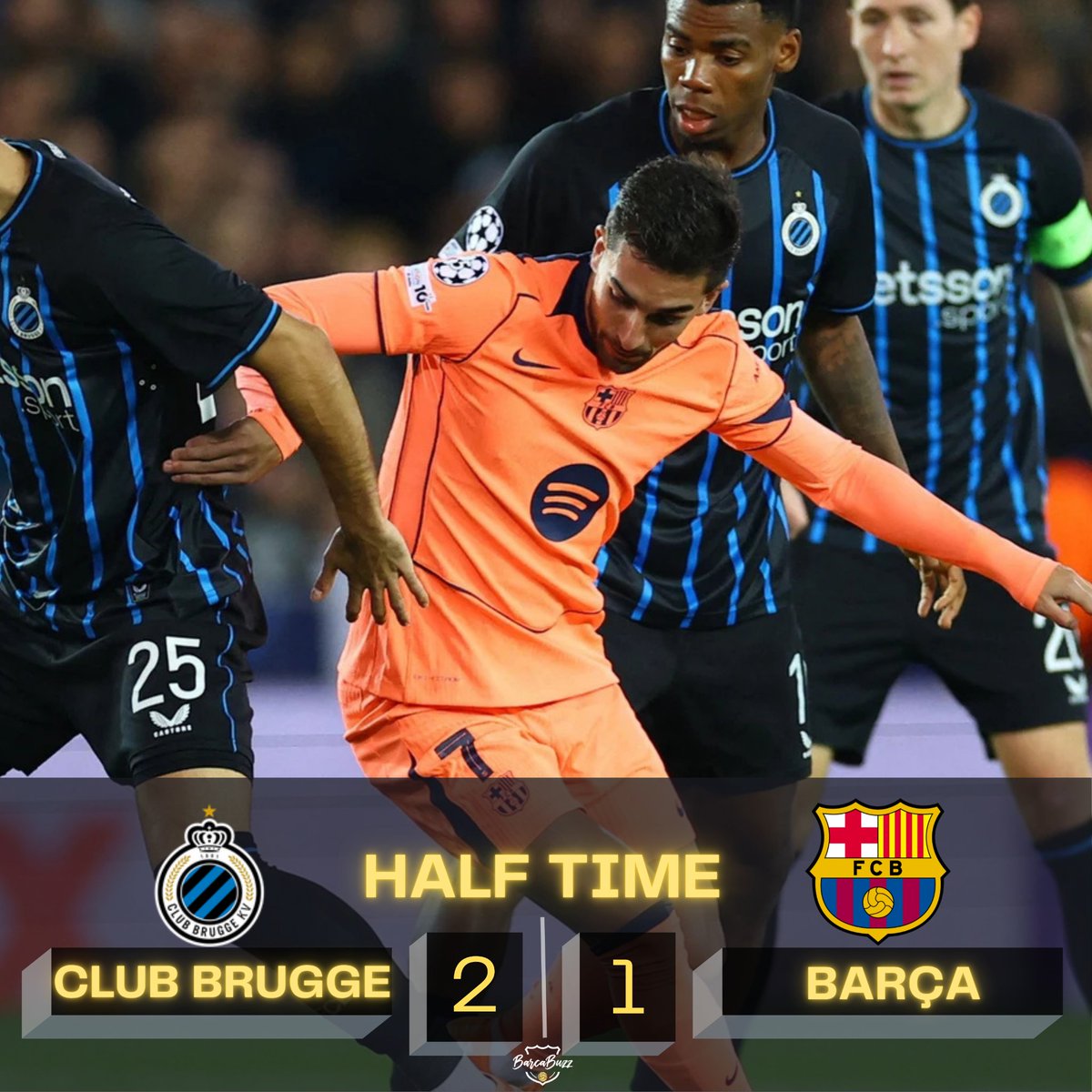 Barca_Buzz's tweet image. HT| Club Brugge 2 - 1 Barcelona

⚽️ 6’: Tresoldi (1-0)
⚽️ 8’: Ferran Torres (1-1)
⚽ 17’: Forbs (2-1)

• Ball Possession: 79%
• Expected goals (xG): 0.94
• Total shots: 9
• Shots on target: 2
• Big chances: 2
• Big chances missed: 1
• Accurate passes: 413(93%)
• Fouls…