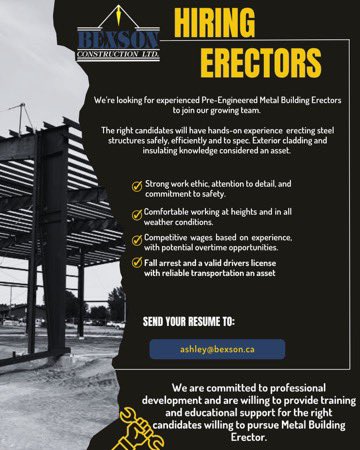 We’re builders! At Bexson Construction, we take pride in putting steel in the air and doing it right the first time. We’re a team of erectors — people who know what hard work, precision, and pride in craftsmanship really mean… and our crew is growing - come join us! #joinourteam