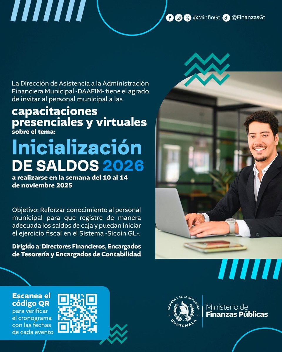 MinfinGT's tweet photo. 📢 El Ministerio de Finanzas Públicas, por medio de la #DAAFIM, invita al personal técnico y administrativo de las municipalidades, a las capacitaciones presenciales y virtuales sobre Inicialización de Saldos 2026.

🗓️ Del 10 al 14 de noviembre 2025
🔗 https://t.co/v31ixknxt8

#ElPuebloDignoEsPrimero
@jmenkos @BArevalodeLeon @GuatemalaGob