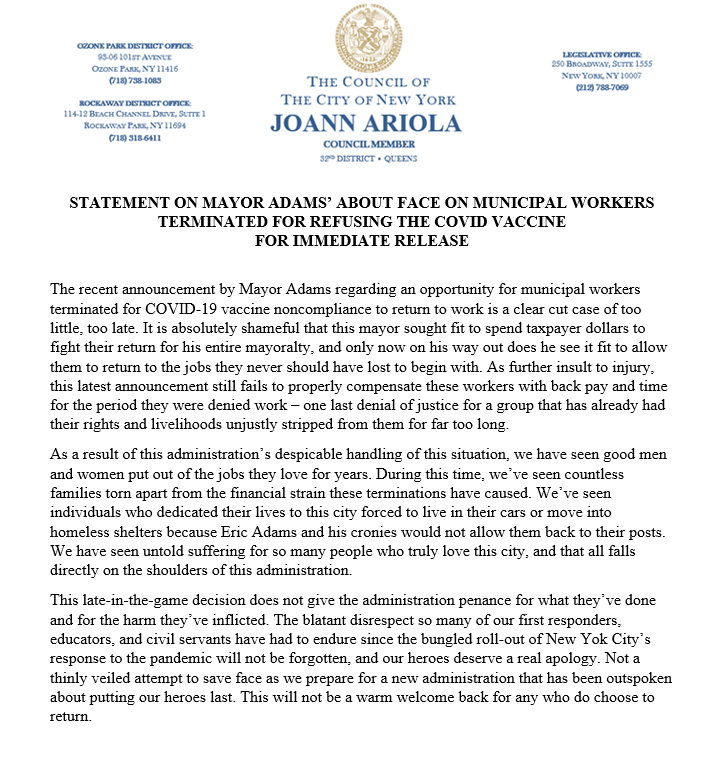 The recent announcement by Mayor Adams regarding an opportunity for municipal workers terminated for COVID-19 vaccine noncompliance to return to work is a clear-cut case of too little, too late. It is absolutely shameful that this mayor sought fit to spend taxpayer dollars to
