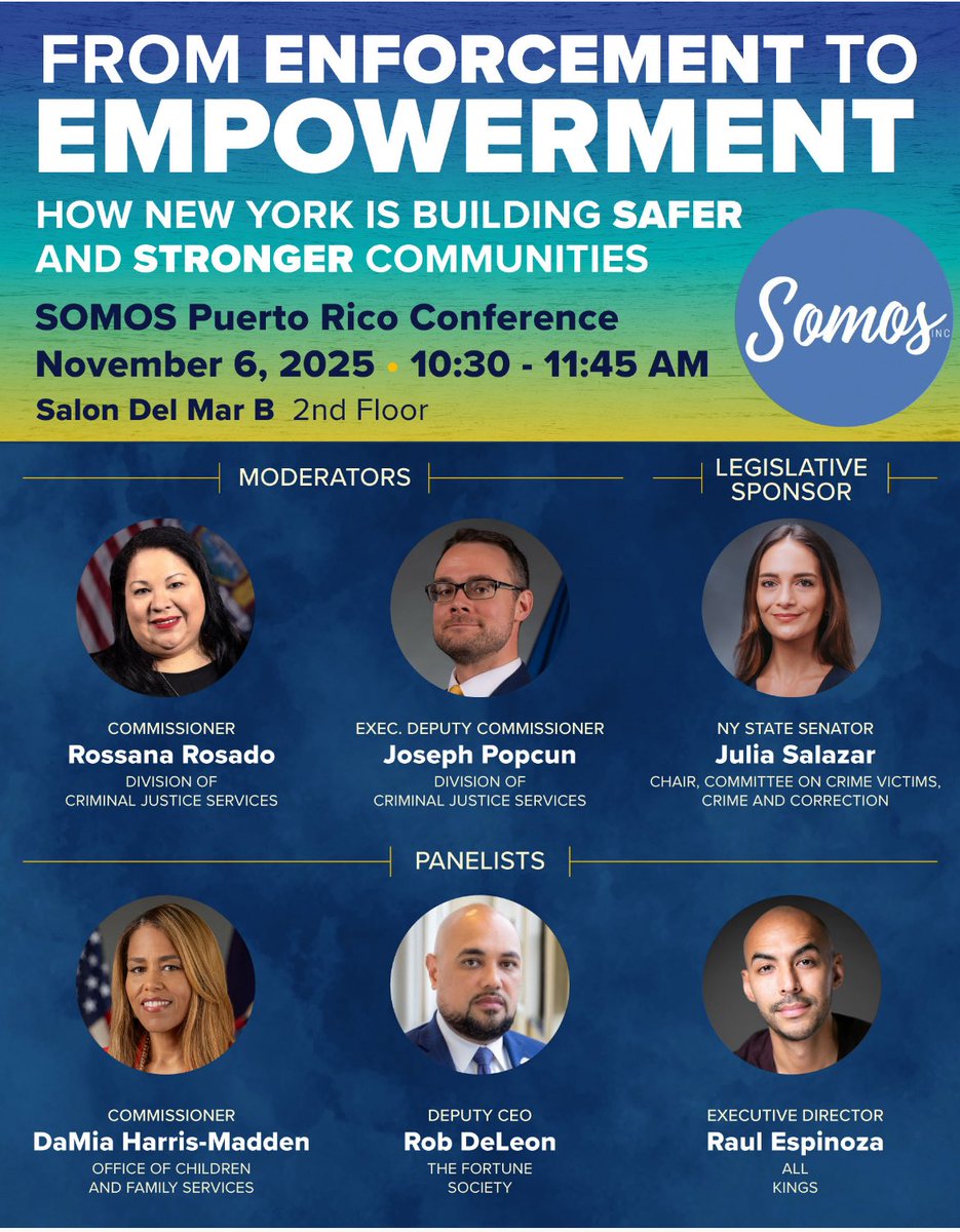 rorosado's tweet photo. Deputy Commissioner @jpopcun and I are attending the 2025 SOMOS Puerto Rico Conference, where we’ll lead a conversation about how @NYSDCJS is helping build safer and stronger communities across New York! 🧵 https://t.co/L8mV22CoD7