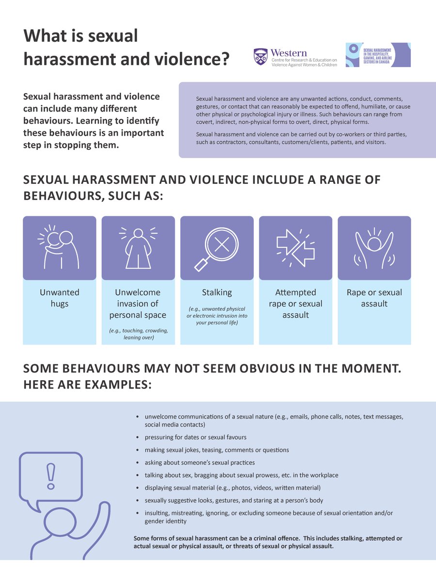 With continued focus on #DomesticViolenceAwarenessMonth(2025), Refer to #CREVAWC #WesternUniversity #Infographic. Knowing how to identify #Sexualharassment/ #Violencebehavioursis a key step towards change. For info/ support (833) 677-5146. #ShapeYourWorkplace #SHIWproject #DOJ